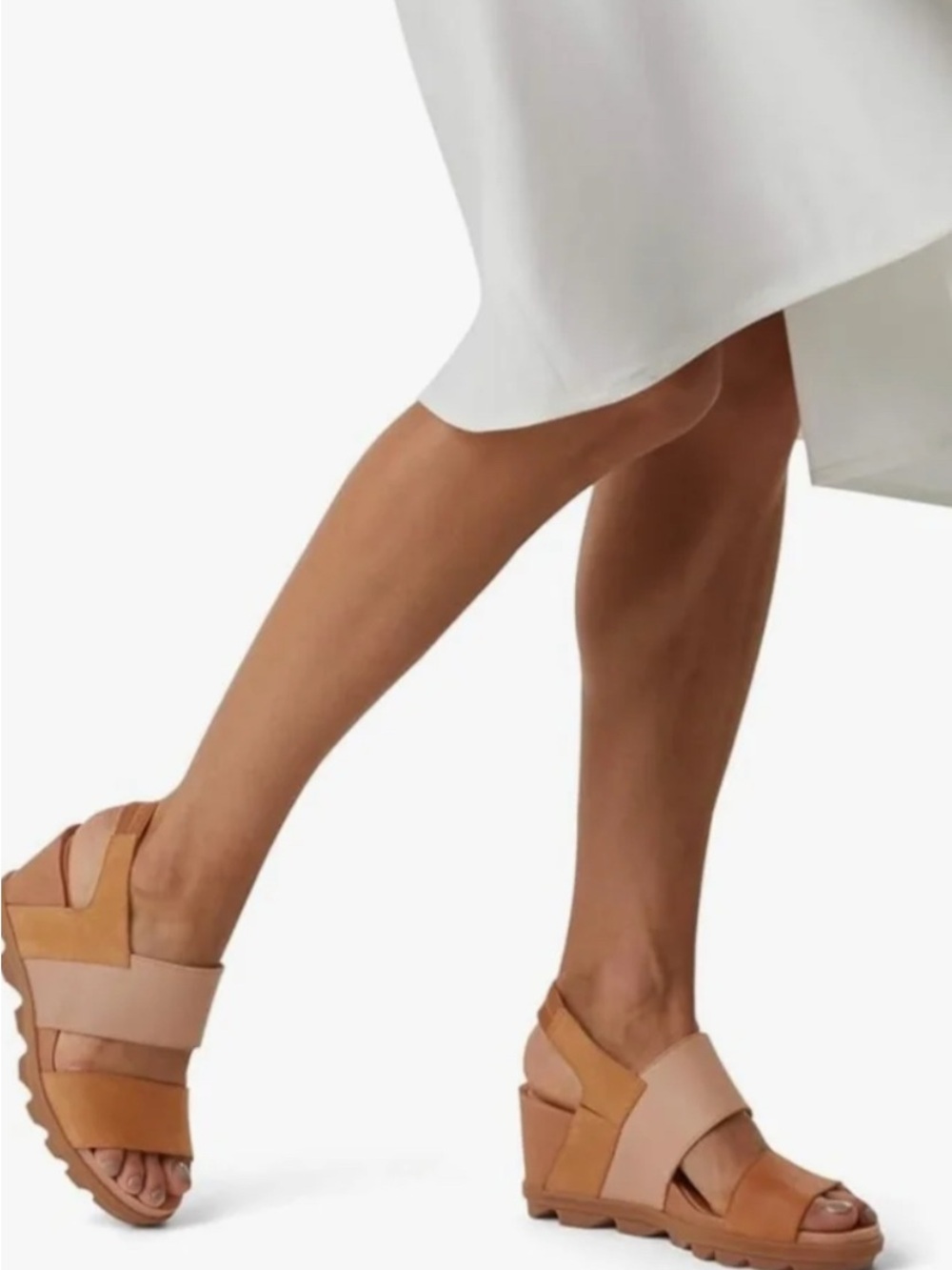 SOREL Joanie II Slingback Wedge Sandal, in a brown/tan leather color.